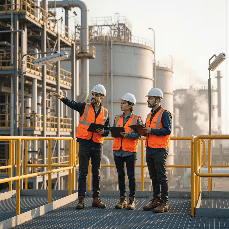 Workers in safety vests coordinating at industrial site